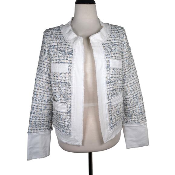 New Nanette Lepore Small Open Front Tweed Blazer White & Blue Frayed Denim Trim - Picture 1 of 10